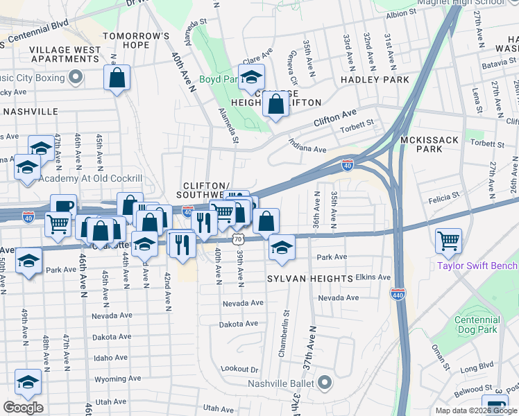 map of restaurants, bars, coffee shops, grocery stores, and more near 3800 Charlotte Avenue in Nashville