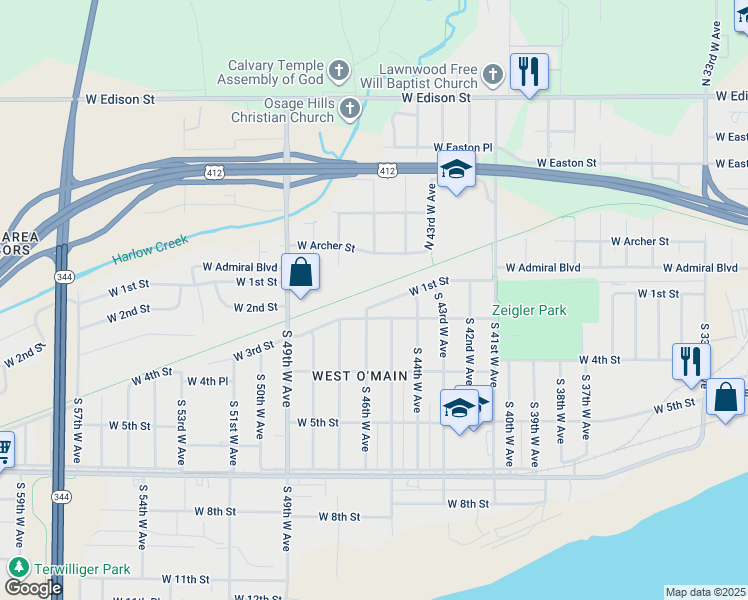 map of restaurants, bars, coffee shops, grocery stores, and more near 4439 West 1st Street in Tulsa