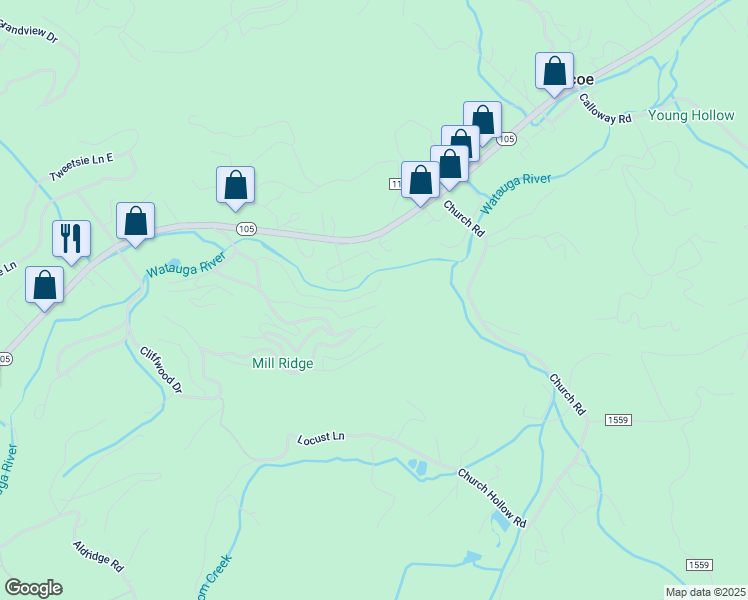 map of restaurants, bars, coffee shops, grocery stores, and more near 523 Smokerise Drive in Banner Elk