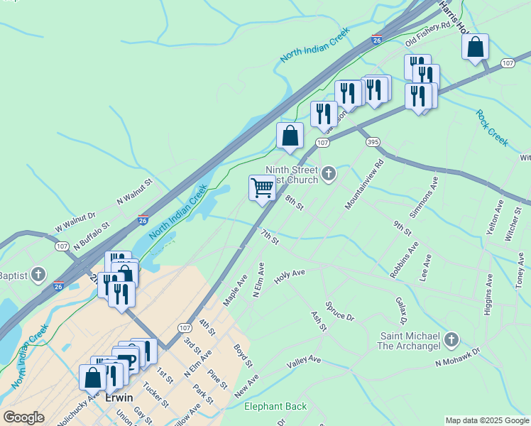 map of restaurants, bars, coffee shops, grocery stores, and more near 915 North Main Avenue in Erwin
