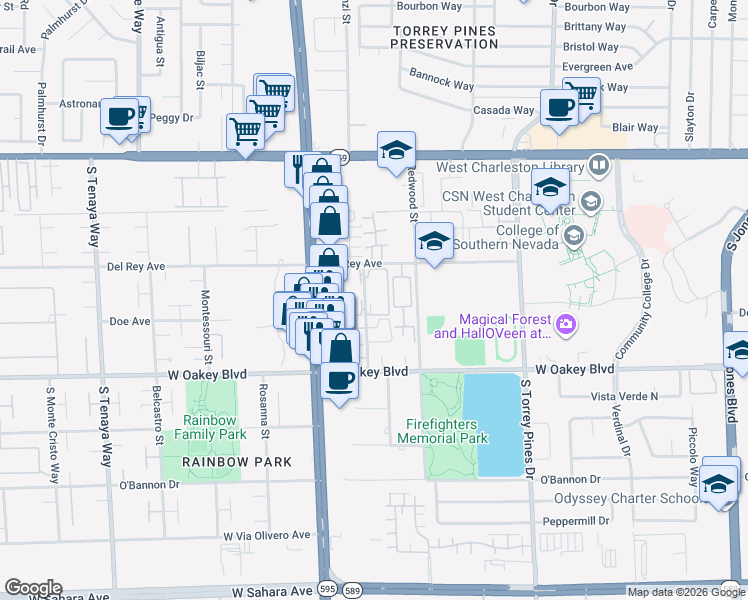 map of restaurants, bars, coffee shops, grocery stores, and more near 1417 Santa Margarita Street in Las Vegas