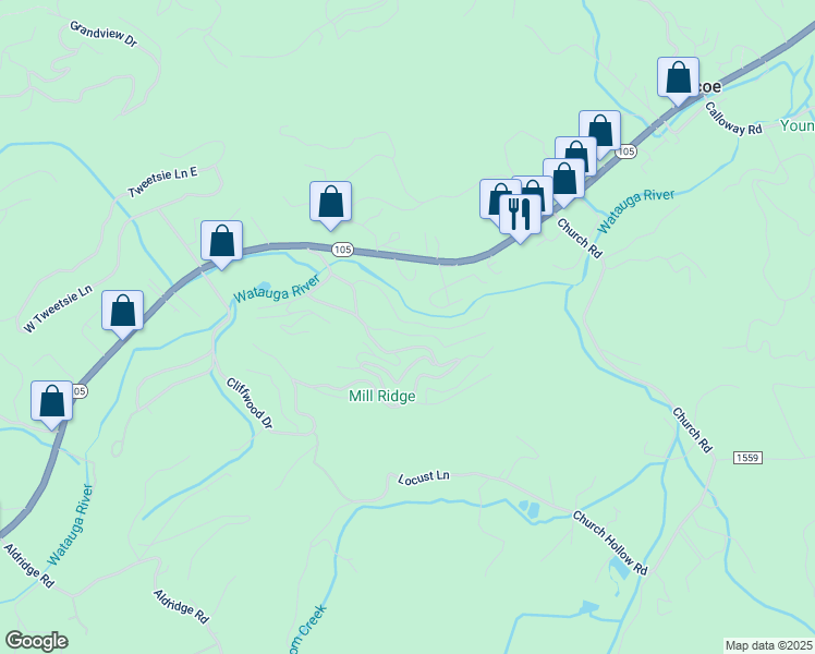 map of restaurants, bars, coffee shops, grocery stores, and more near 268 River Road 1 in Banner Elk