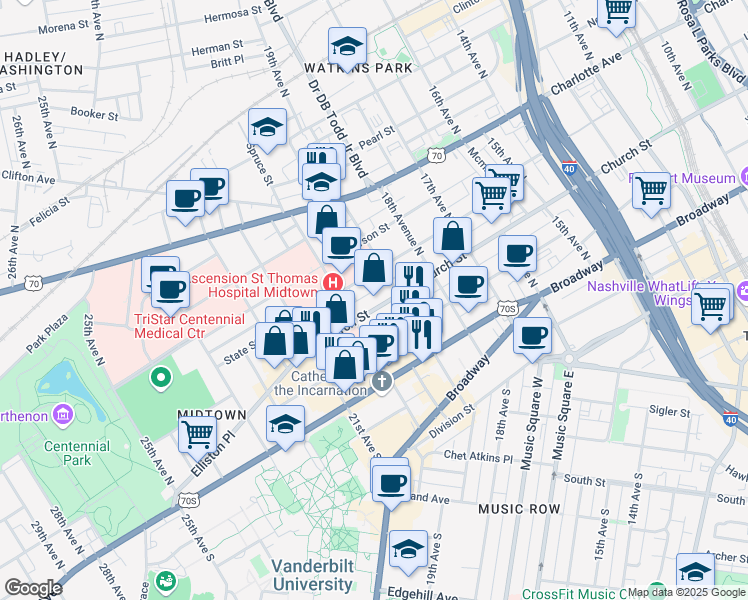 map of restaurants, bars, coffee shops, grocery stores, and more near 1913 State Street in Nashville