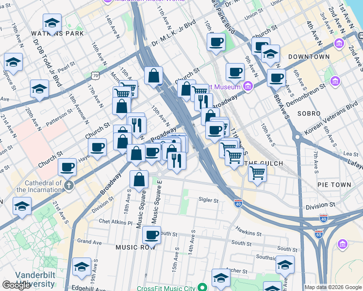 map of restaurants, bars, coffee shops, grocery stores, and more near 1501 Broadway in Nashville