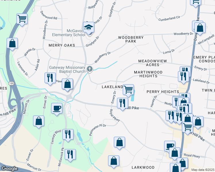 map of restaurants, bars, coffee shops, grocery stores, and more near 2555 Lakeland Drive in Nashville