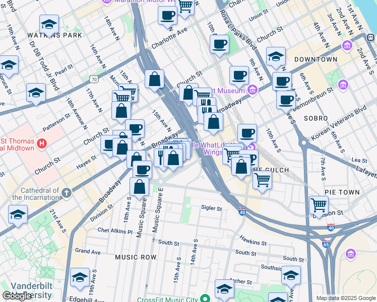 map of restaurants, bars, coffee shops, grocery stores, and more near 1501 Broadway in Nashville