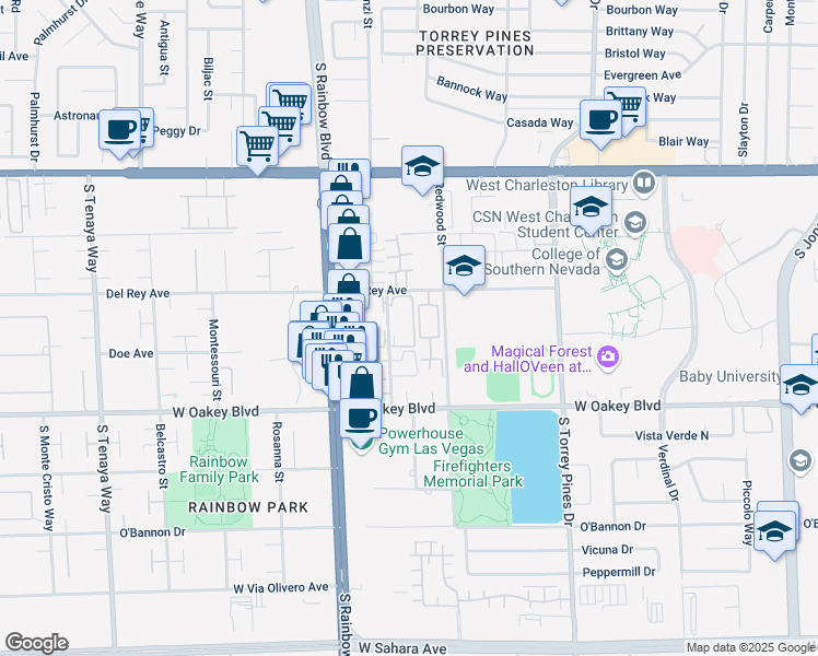 map of restaurants, bars, coffee shops, grocery stores, and more near 1419 Santa Margarita Street in Las Vegas