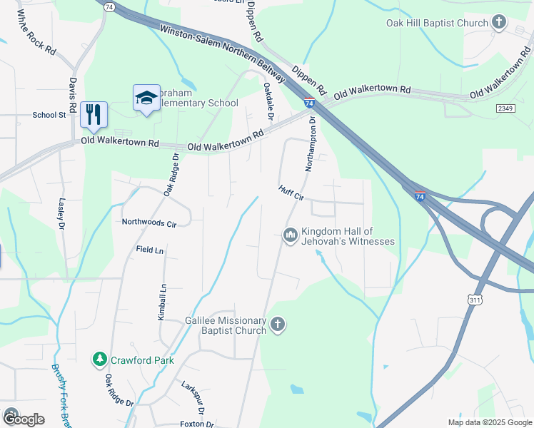 map of restaurants, bars, coffee shops, grocery stores, and more near 4233 Garden Street in Winston-Salem