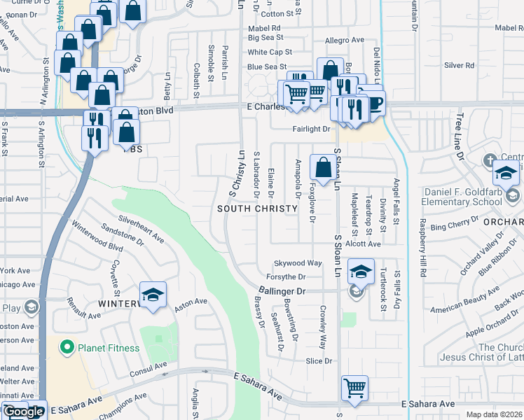 map of restaurants, bars, coffee shops, grocery stores, and more near 1559 Elaine Drive in Las Vegas