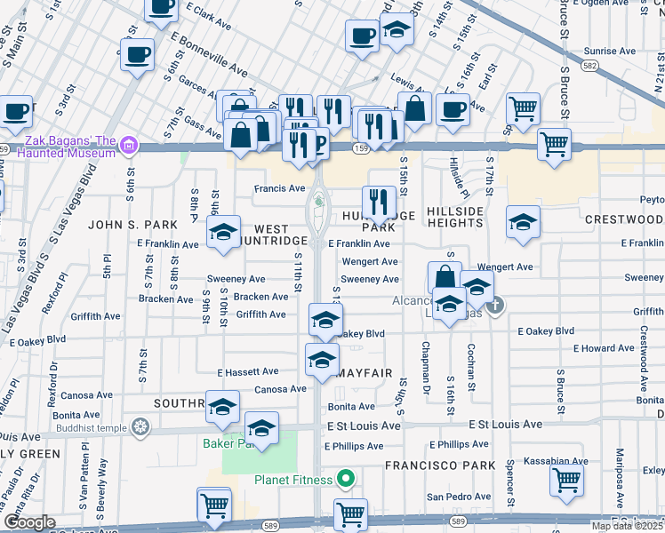 map of restaurants, bars, coffee shops, grocery stores, and more near 1310 South Maryland Parkway in Las Vegas