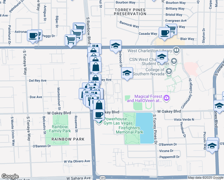 map of restaurants, bars, coffee shops, grocery stores, and more near 1415 Santa Margarita Street in Las Vegas
