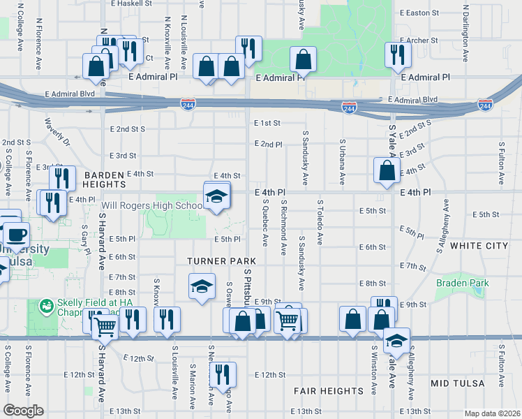 map of restaurants, bars, coffee shops, grocery stores, and more near 435 South Pittsburg Avenue in Tulsa