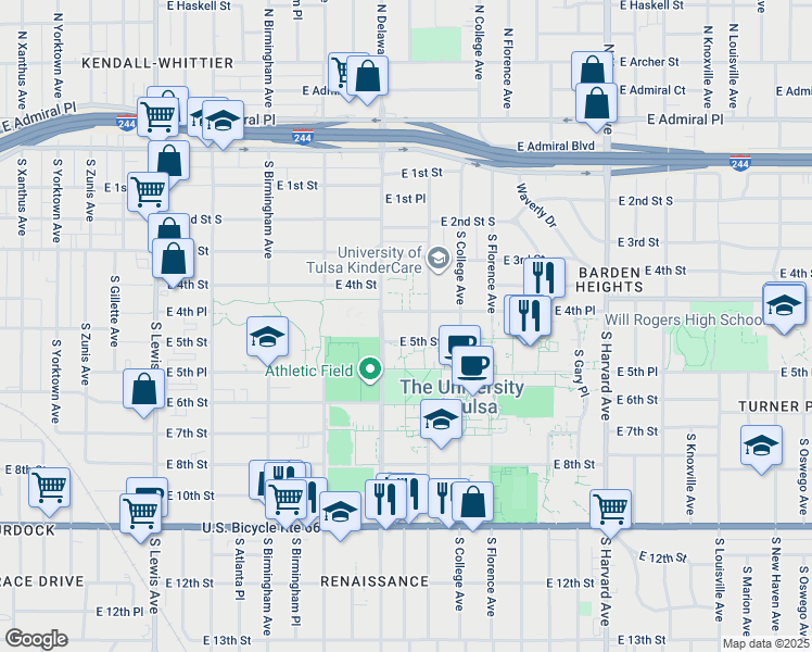map of restaurants, bars, coffee shops, grocery stores, and more near 425 South Delaware Avenue in Tulsa