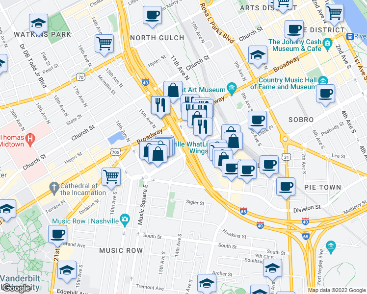 map of restaurants, bars, coffee shops, grocery stores, and more near Interstate 40 in Nashville