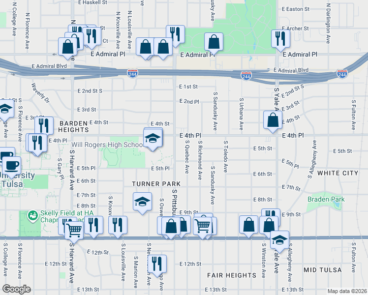 map of restaurants, bars, coffee shops, grocery stores, and more near 435 South Pittsburg Avenue in Tulsa
