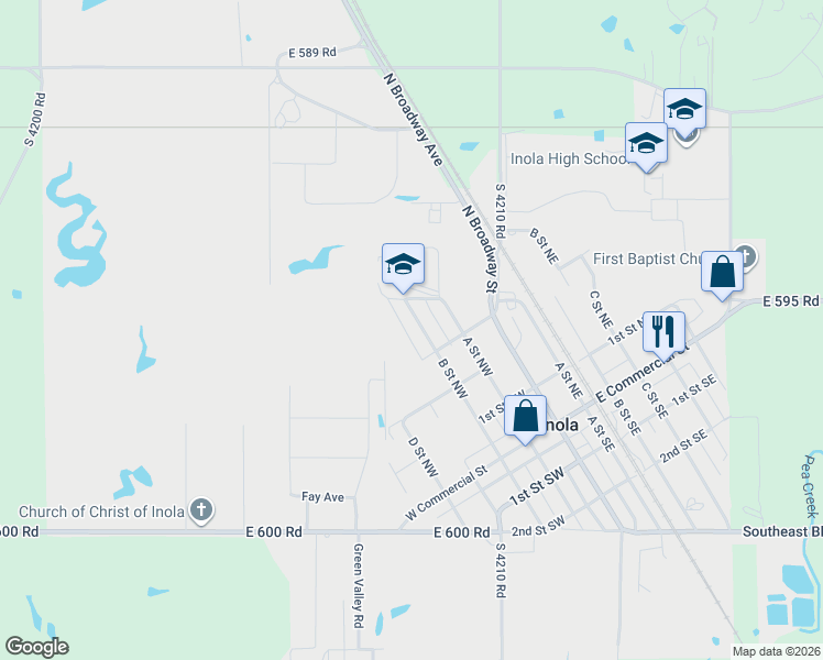 map of restaurants, bars, coffee shops, grocery stores, and more near 390 B Street Northwest in Inola