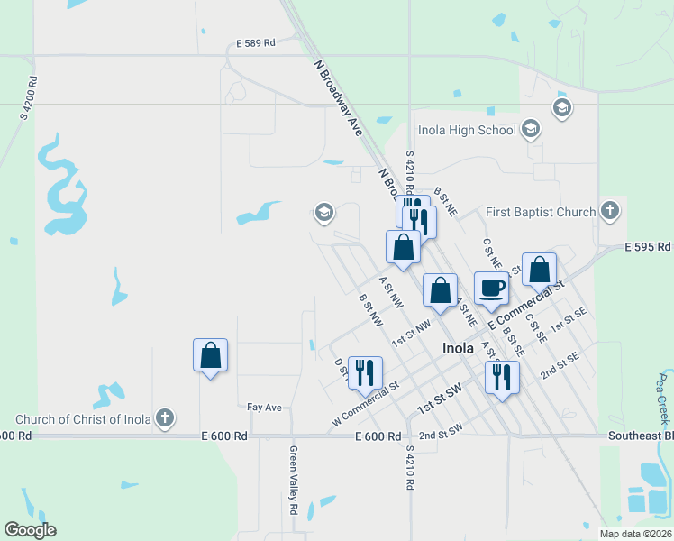 map of restaurants, bars, coffee shops, grocery stores, and more near 390 B Street Northwest in Inola