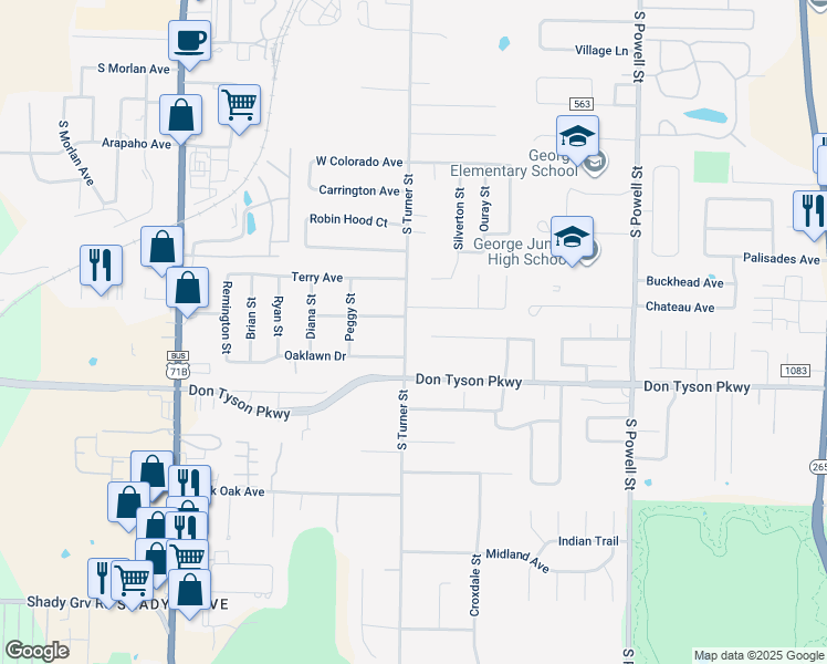 map of restaurants, bars, coffee shops, grocery stores, and more near 3307 South Turner Street in Springdale