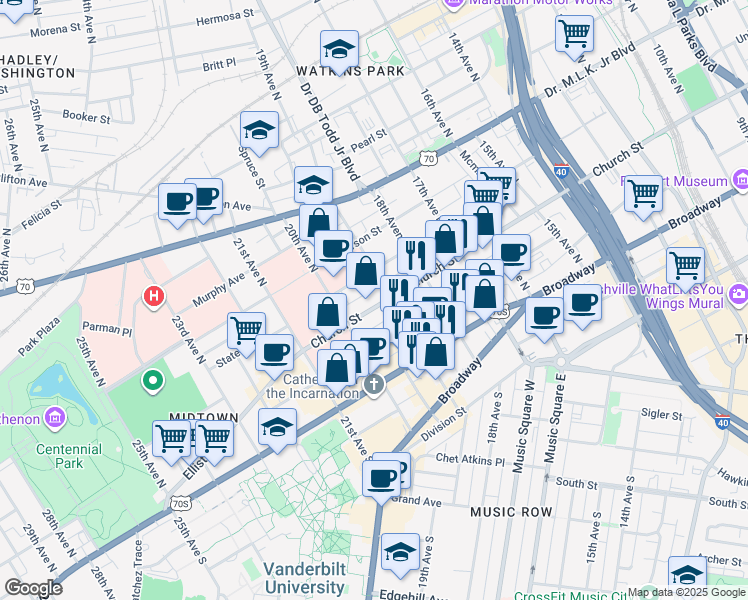 map of restaurants, bars, coffee shops, grocery stores, and more near in Nashville