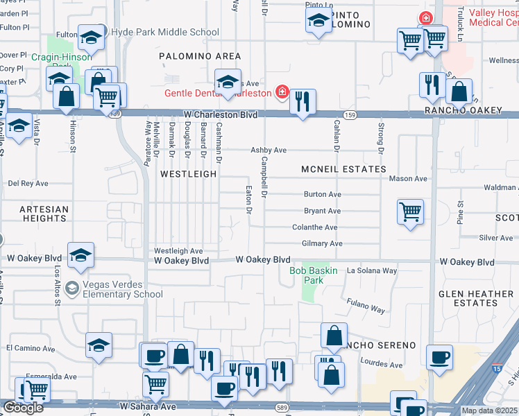map of restaurants, bars, coffee shops, grocery stores, and more near 1308 Campbell Drive in Las Vegas