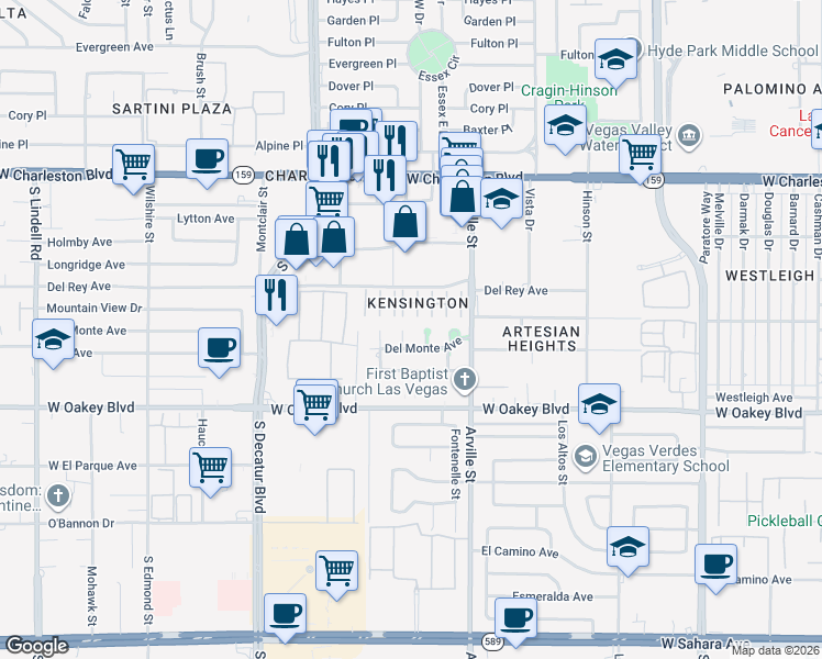map of restaurants, bars, coffee shops, grocery stores, and more near 1505 Flag Circle in Las Vegas