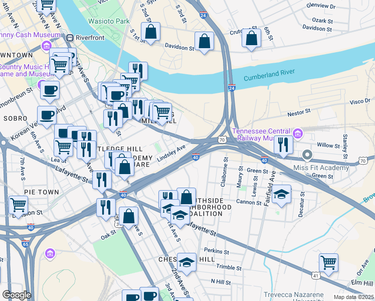 map of restaurants, bars, coffee shops, grocery stores, and more near 4 Berrien Street in Nashville