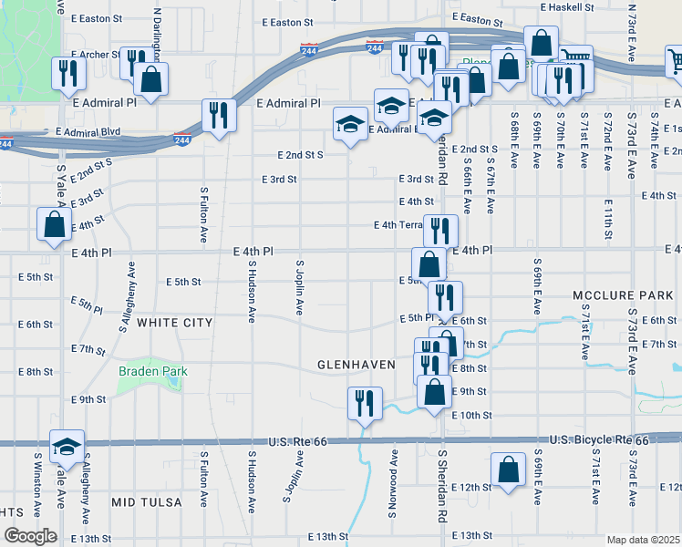 map of restaurants, bars, coffee shops, grocery stores, and more near 5947 East 5th Street in Tulsa