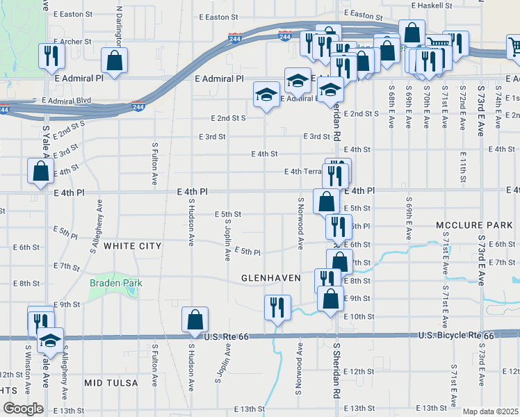map of restaurants, bars, coffee shops, grocery stores, and more near 5947 East 5th Street in Tulsa