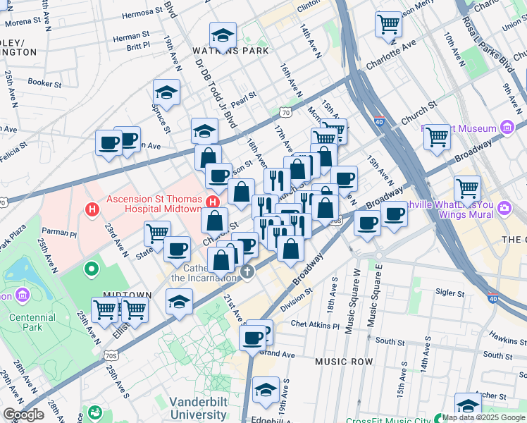 map of restaurants, bars, coffee shops, grocery stores, and more near 1815 Church Street in Nashville