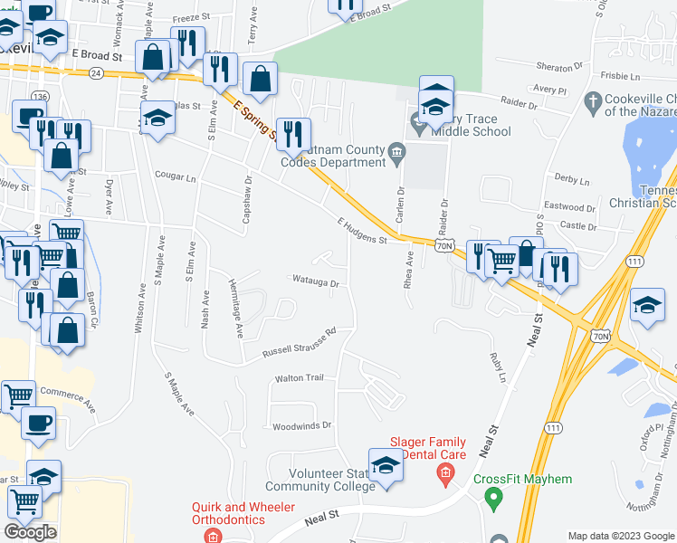 map of restaurants, bars, coffee shops, grocery stores, and more near 1202 Pleasant View Drive in Cookeville