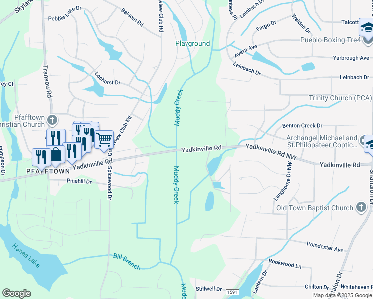 map of restaurants, bars, coffee shops, grocery stores, and more near Yadkinville Road in Winston-Salem