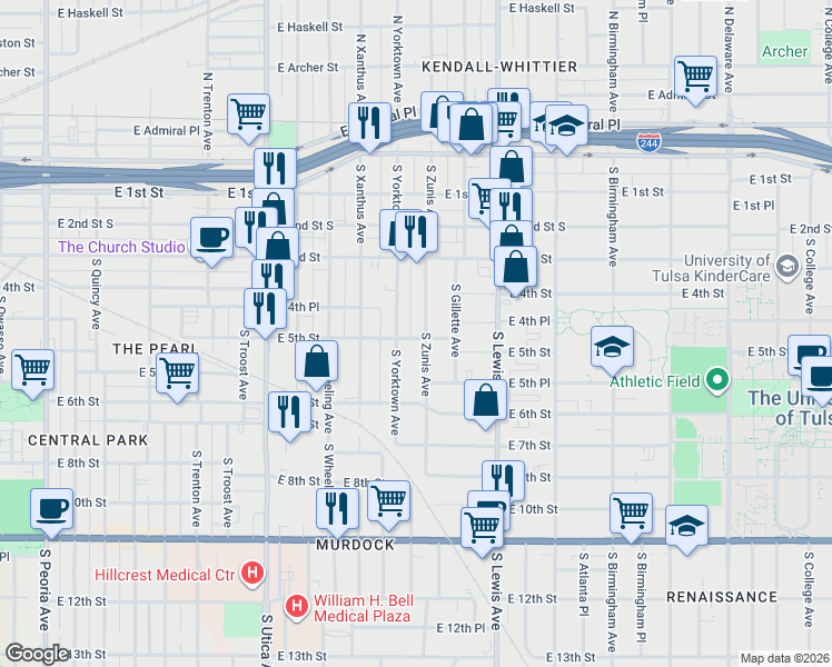 map of restaurants, bars, coffee shops, grocery stores, and more near 364 South Zunis Avenue in Tulsa