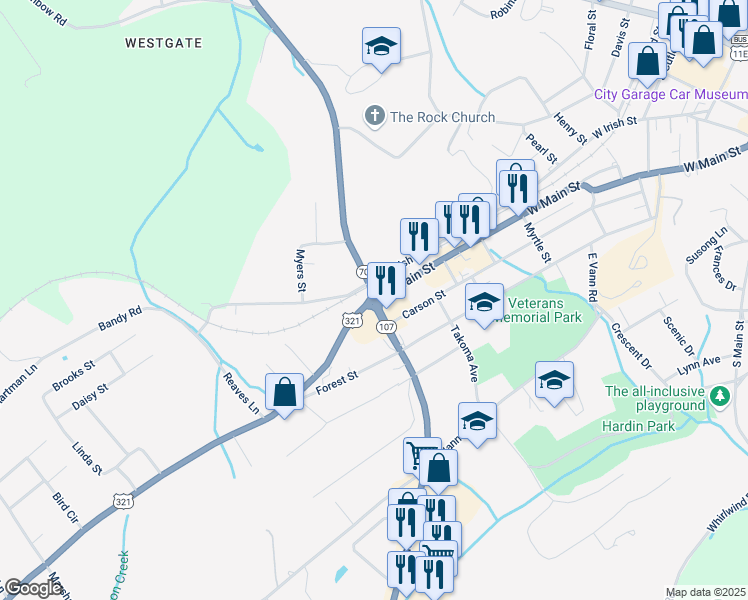 map of restaurants, bars, coffee shops, grocery stores, and more near 25 Asheville Highway in Greeneville