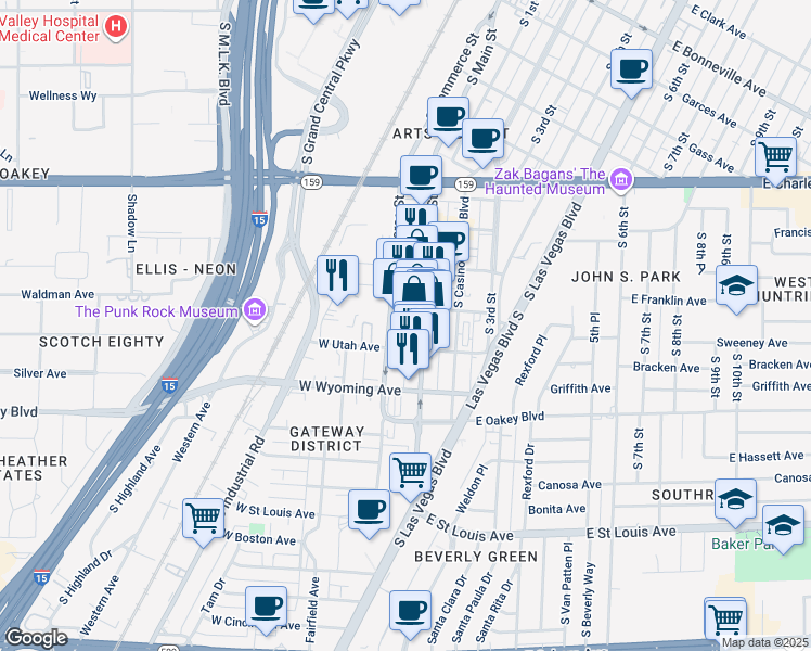 map of restaurants, bars, coffee shops, grocery stores, and more near 1415 South Commerce Street in Las Vegas