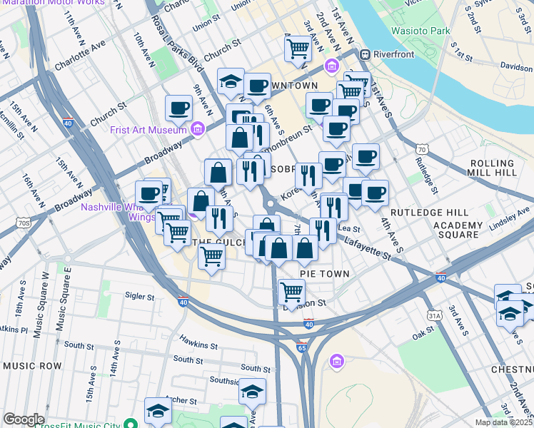 map of restaurants, bars, coffee shops, grocery stores, and more near 425 Tennessee 6 in Nashville