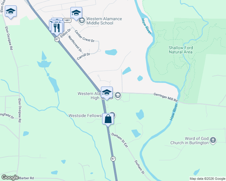map of restaurants, bars, coffee shops, grocery stores, and more near 2231 Gerringer Mill Road in Elon