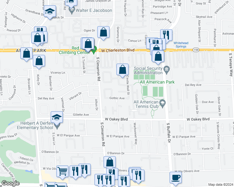 map of restaurants, bars, coffee shops, grocery stores, and more near 8009 Clock Tower Court in Las Vegas
