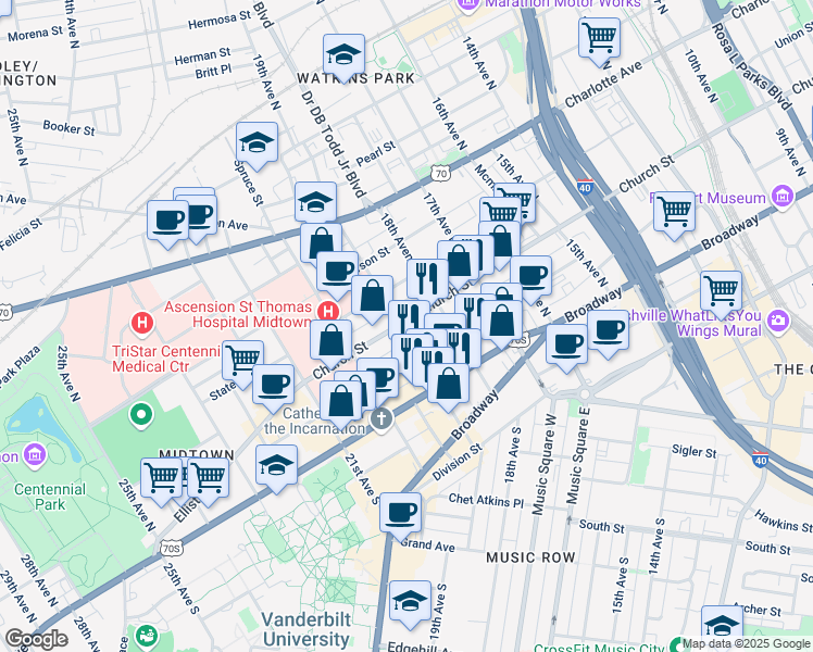 map of restaurants, bars, coffee shops, grocery stores, and more near 1815 Church Street in Nashville