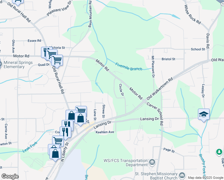map of restaurants, bars, coffee shops, grocery stores, and more near 4867 Circle Drive in Winston-Salem