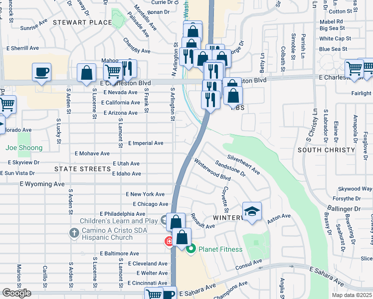 map of restaurants, bars, coffee shops, grocery stores, and more near 1405 South Nellis Boulevard in Las Vegas