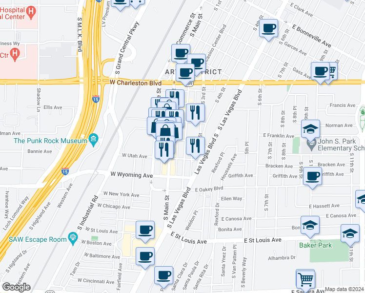 map of restaurants, bars, coffee shops, grocery stores, and more near 1401 South Main Street in Las Vegas