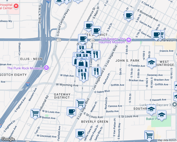 map of restaurants, bars, coffee shops, grocery stores, and more near 1401 South Main Street in Las Vegas