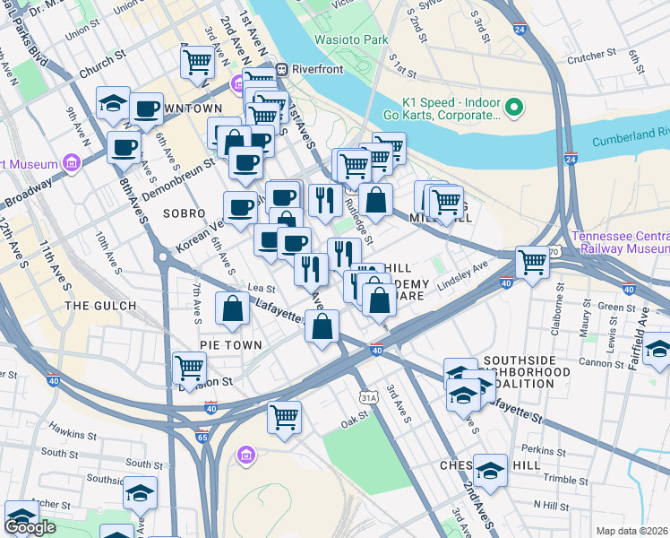 map of restaurants, bars, coffee shops, grocery stores, and more near 625 2nd Avenue South in Nashville