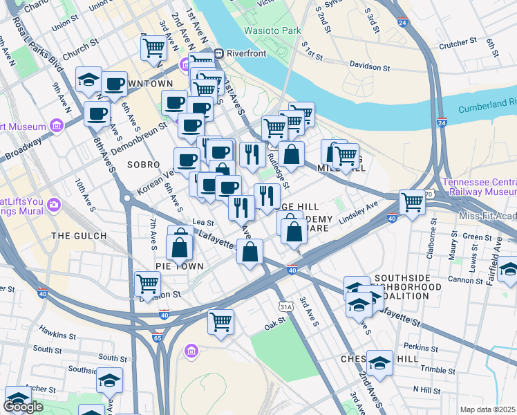 map of restaurants, bars, coffee shops, grocery stores, and more near 615 3rd Avenue South in Nashville
