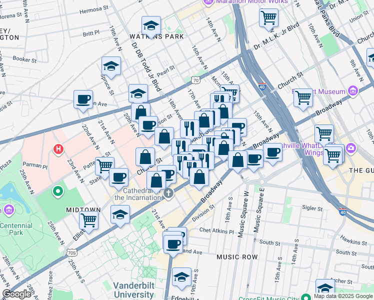 map of restaurants, bars, coffee shops, grocery stores, and more near in Nashville