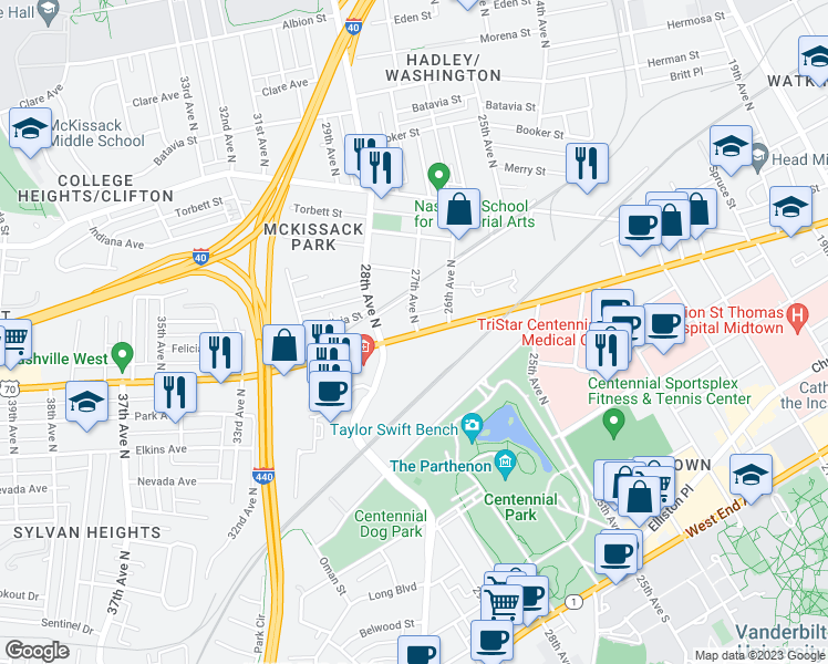 map of restaurants, bars, coffee shops, grocery stores, and more near 2700 Charlotte Avenue in Nashville