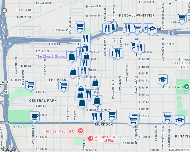 map of restaurants, bars, coffee shops, grocery stores, and more near 419 South Victor Avenue in Tulsa