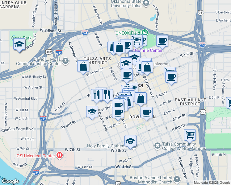 map of restaurants, bars, coffee shops, grocery stores, and more near in Tulsa