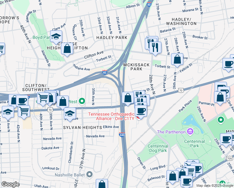 map of restaurants, bars, coffee shops, grocery stores, and more near 3224 Trevor Street in Nashville