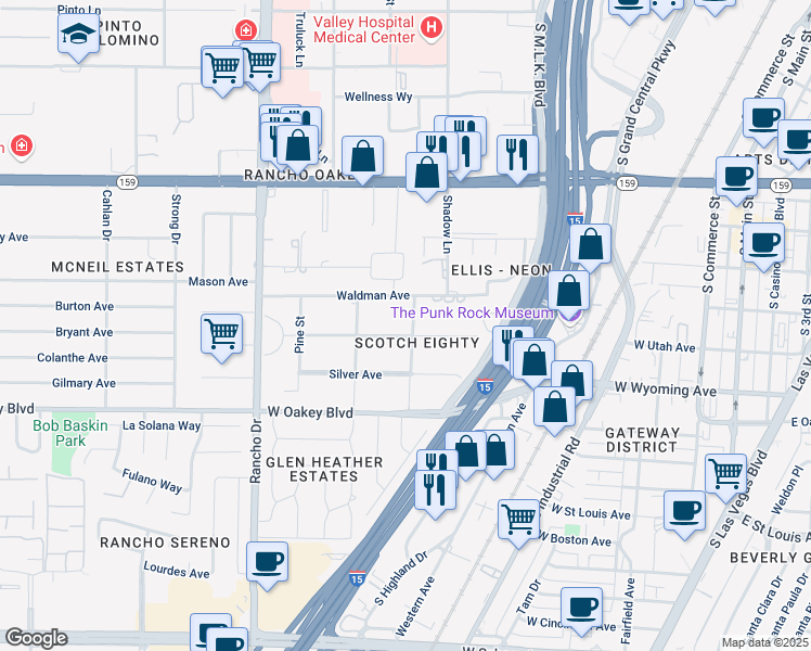 map of restaurants, bars, coffee shops, grocery stores, and more near 1420 Westwood Drive in Las Vegas